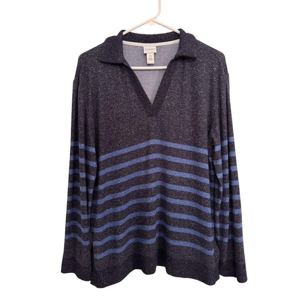 Chicos Weekends SMALL Sweater Blue Stripe Pullover Collared V-Neck Soft Stretch